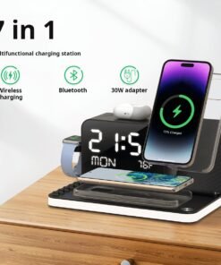 Portable 6-in-1 Wireless Charger | Phone, Watch & Earbuds Charging Dock with Clock & Night Light